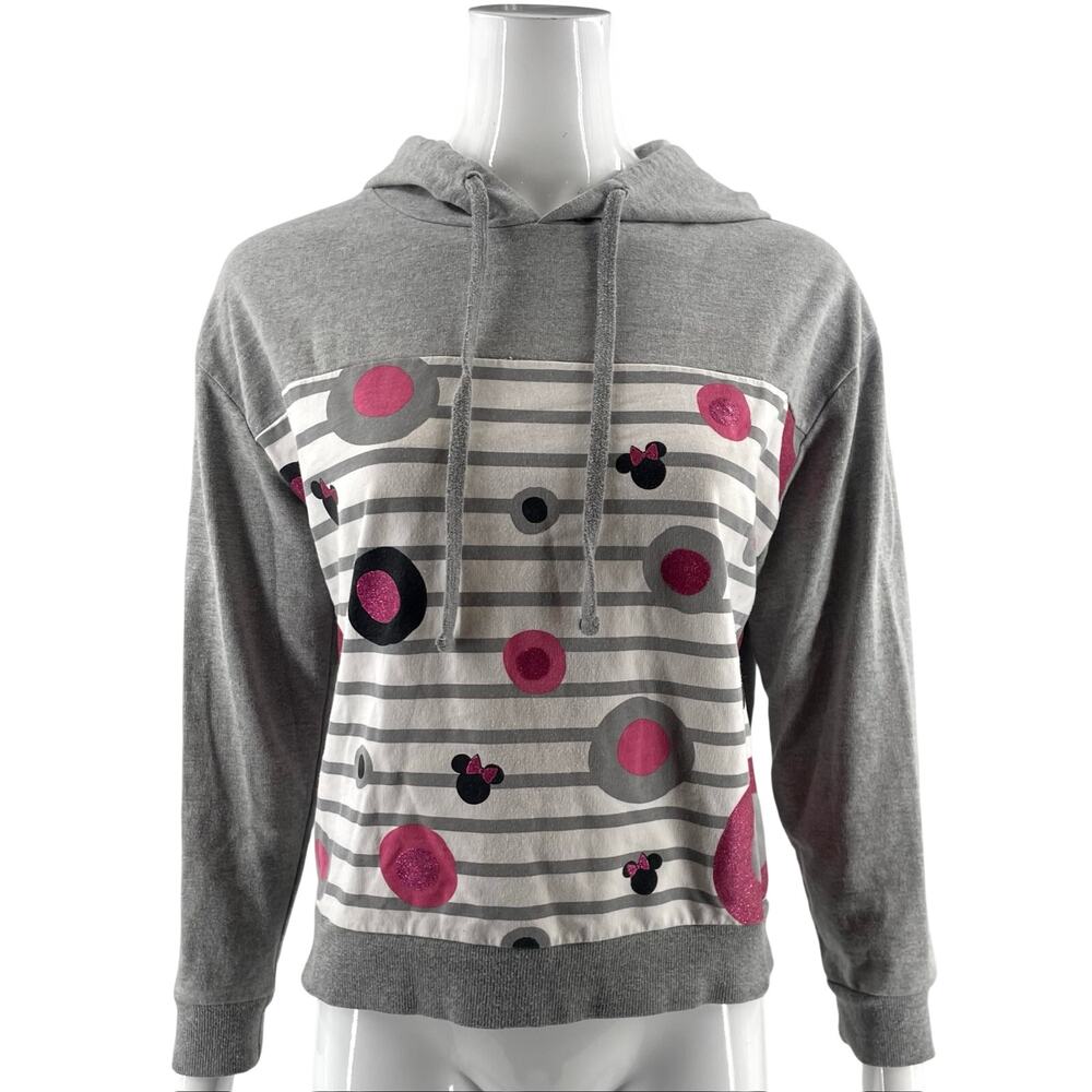 Disney Parks Womens Sweatshirt Hoodie Top Sz Small Gray Pink Minnie Mouse Stripe